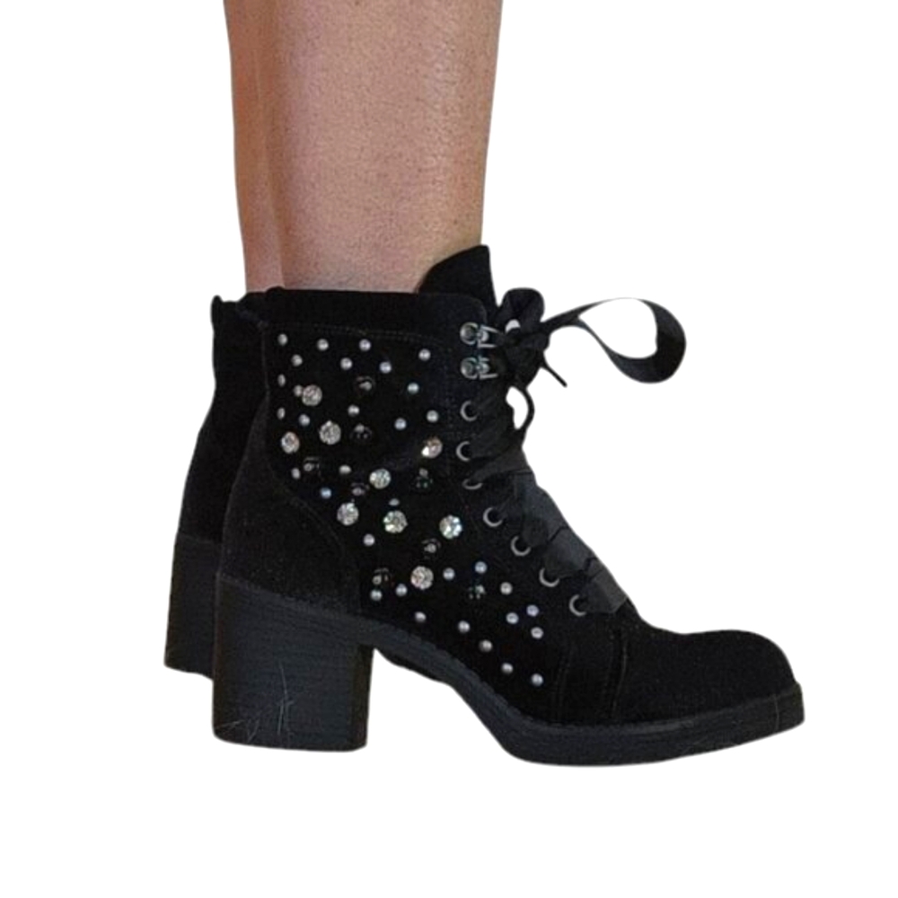 Madden Girl Veera Velvet Embellished Black Combat Booties